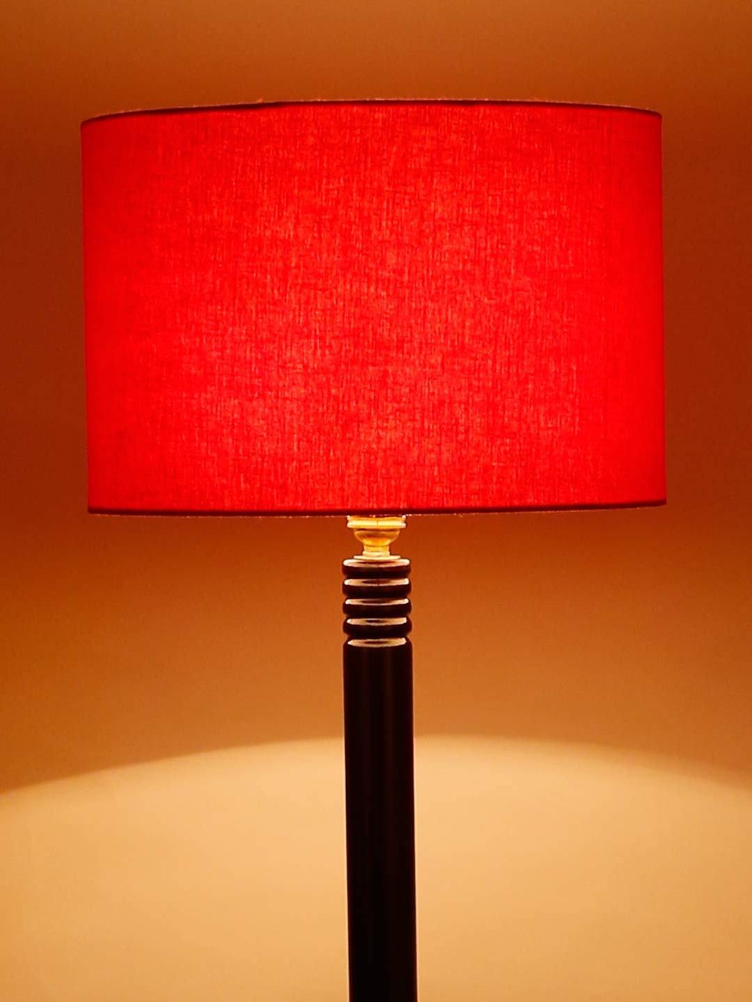 Red Cotton Drum Shade Wood Brown Table Floor lamp