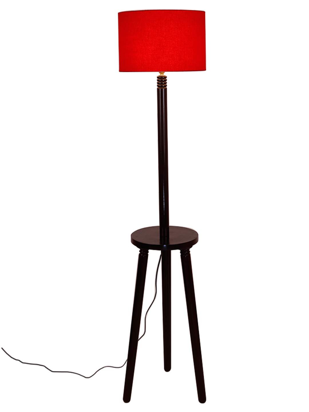 Red Cotton Drum Shade Wood Brown Table Floor lamp