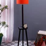 Orange Cotton Drum Shade Wood Brown Table Floor lamp