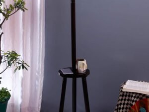Orange Cotton Drum Shade Wood Brown Table Floor lamp