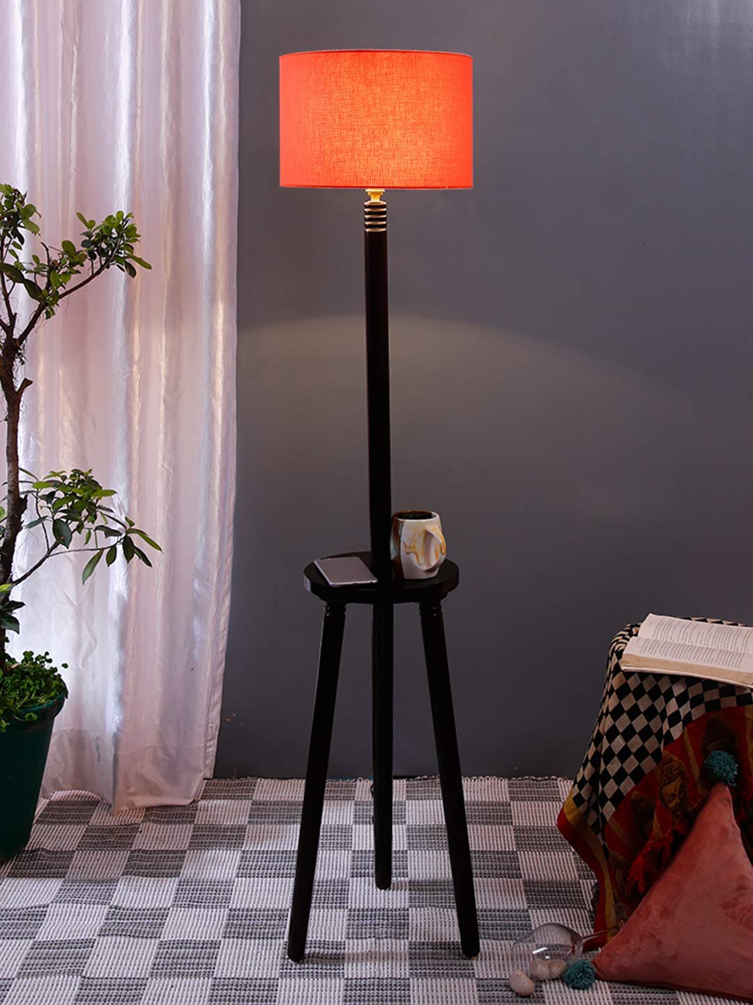 Orange Cotton Drum Shade Wood Brown Table Floor lamp