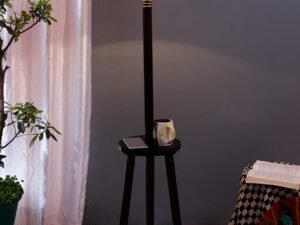 Yellow Cotton Drum Shade Wood Brown Table Floor lamp
