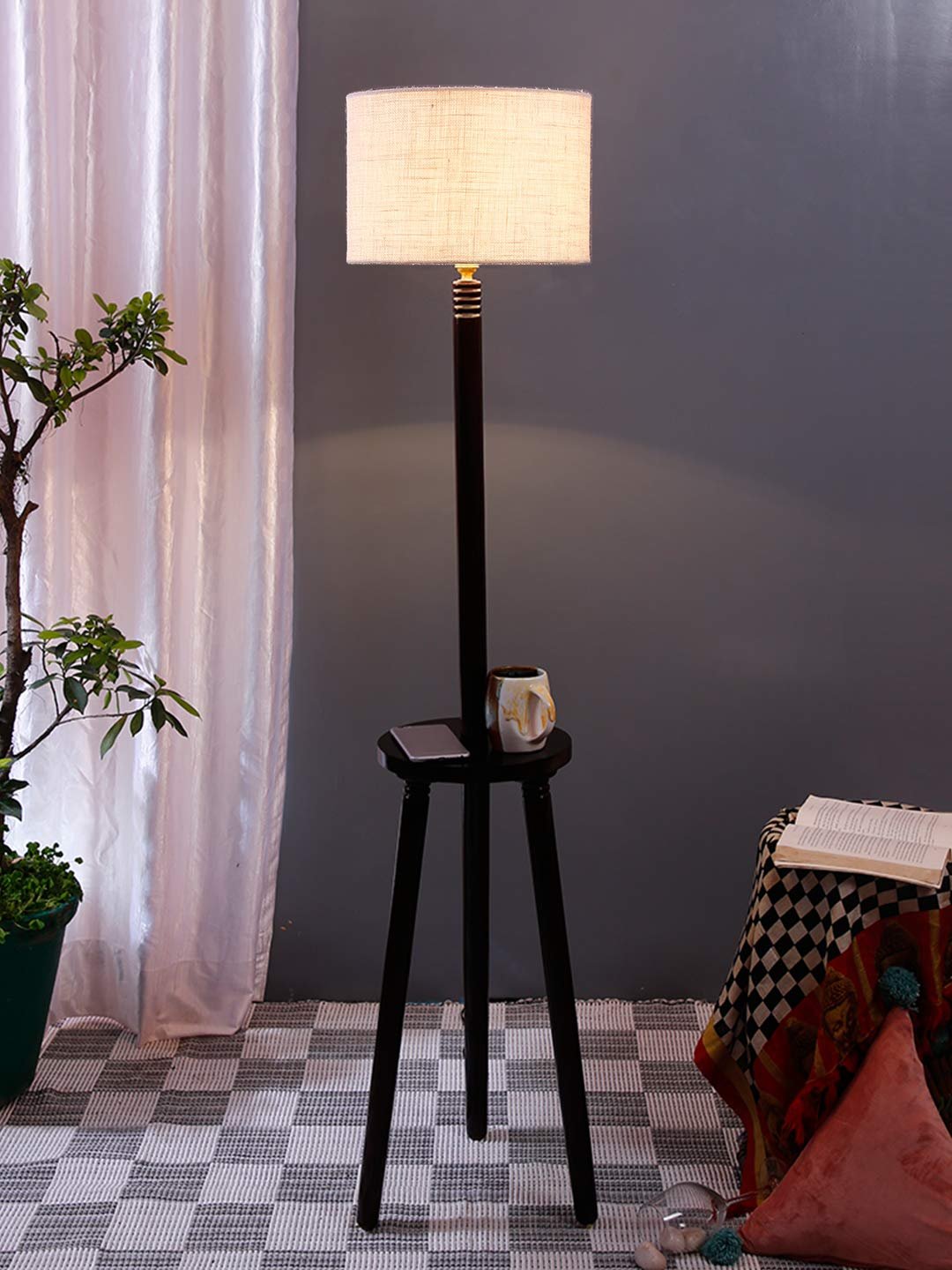 White Jute Drum Shade Wood Brown Table Floor lamp
