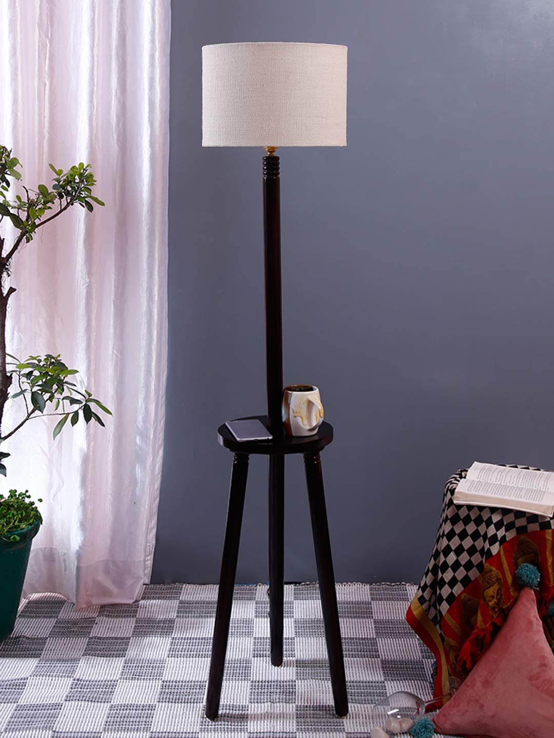 White Jute Drum Shade Wood Brown Table Floor lamp