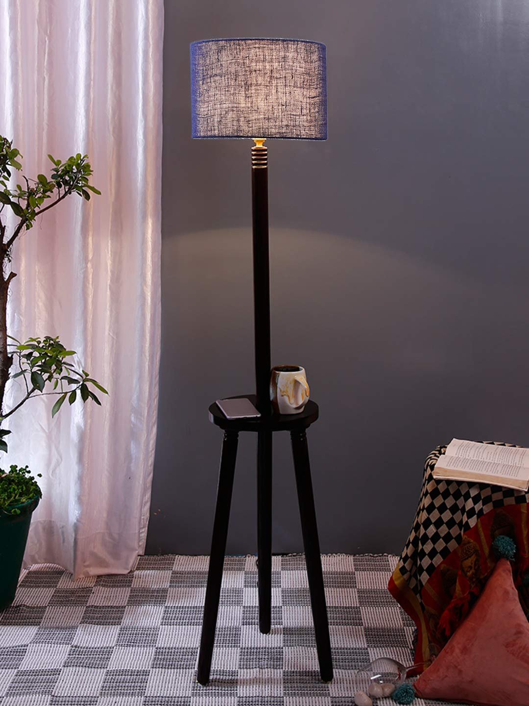 Blue Jute Drum Shade Wood Brown Table Floor lamp