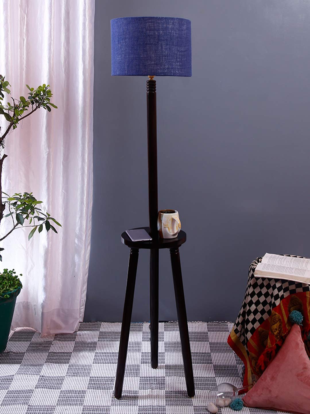 Blue Jute Drum Shade Wood Brown Table Floor lamp