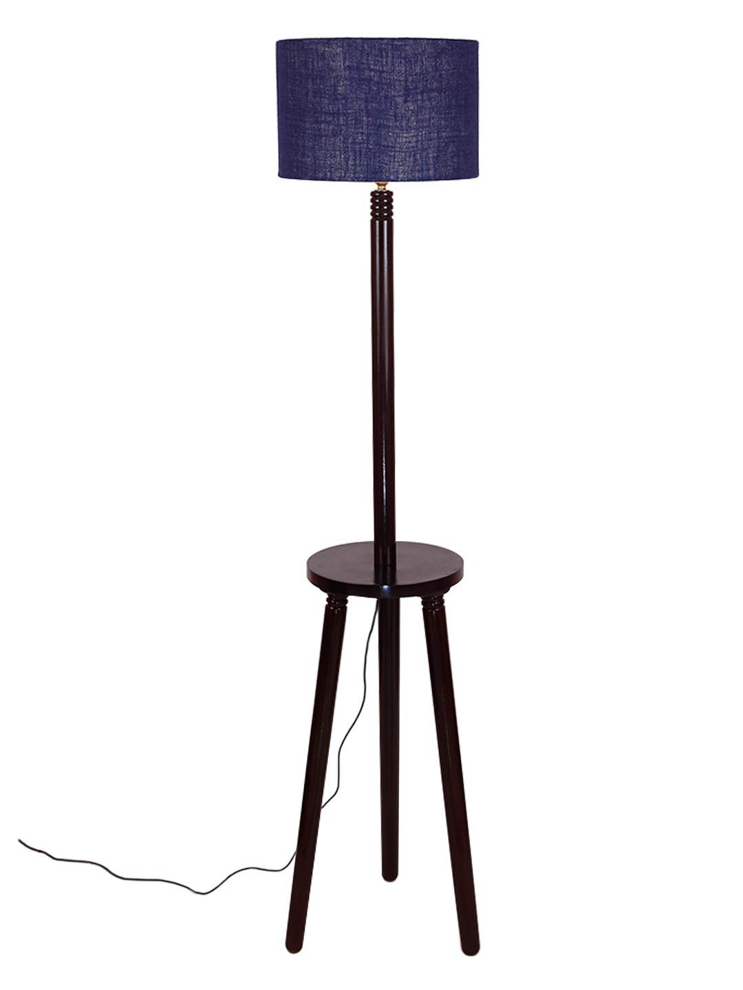 Blue Jute Drum Shade Wood Brown Table Floor lamp