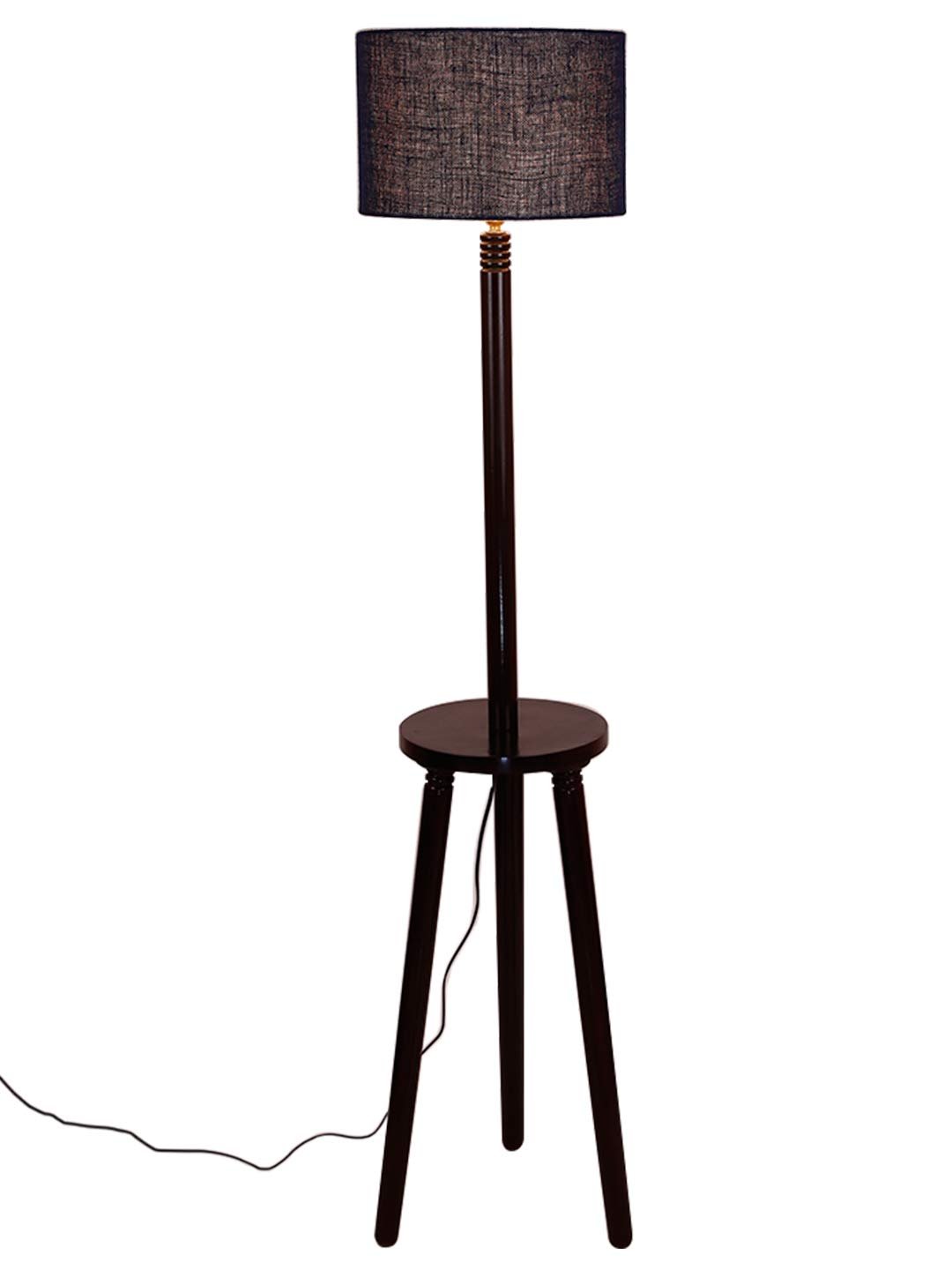 Blue Jute Drum Shade Wood Brown Table Floor lamp