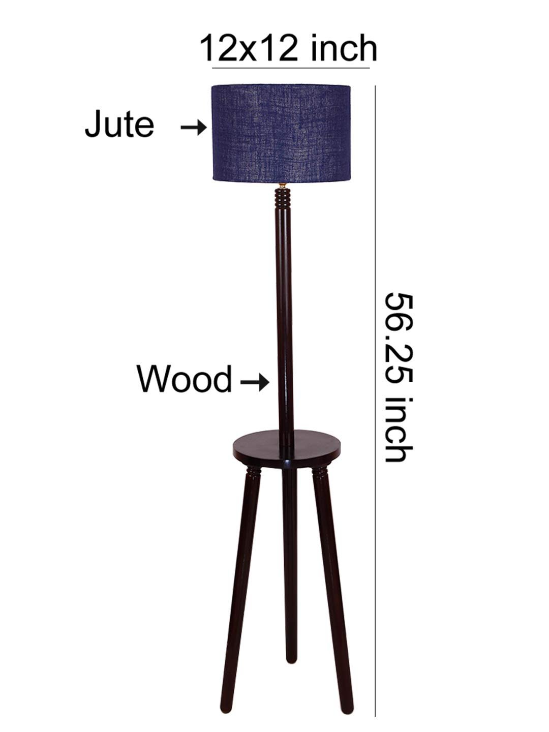 Blue Jute Drum Shade Wood Brown Table Floor lamp