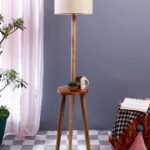 Off-White Cotton Drum Shade Wood Natural Table Floor lamp