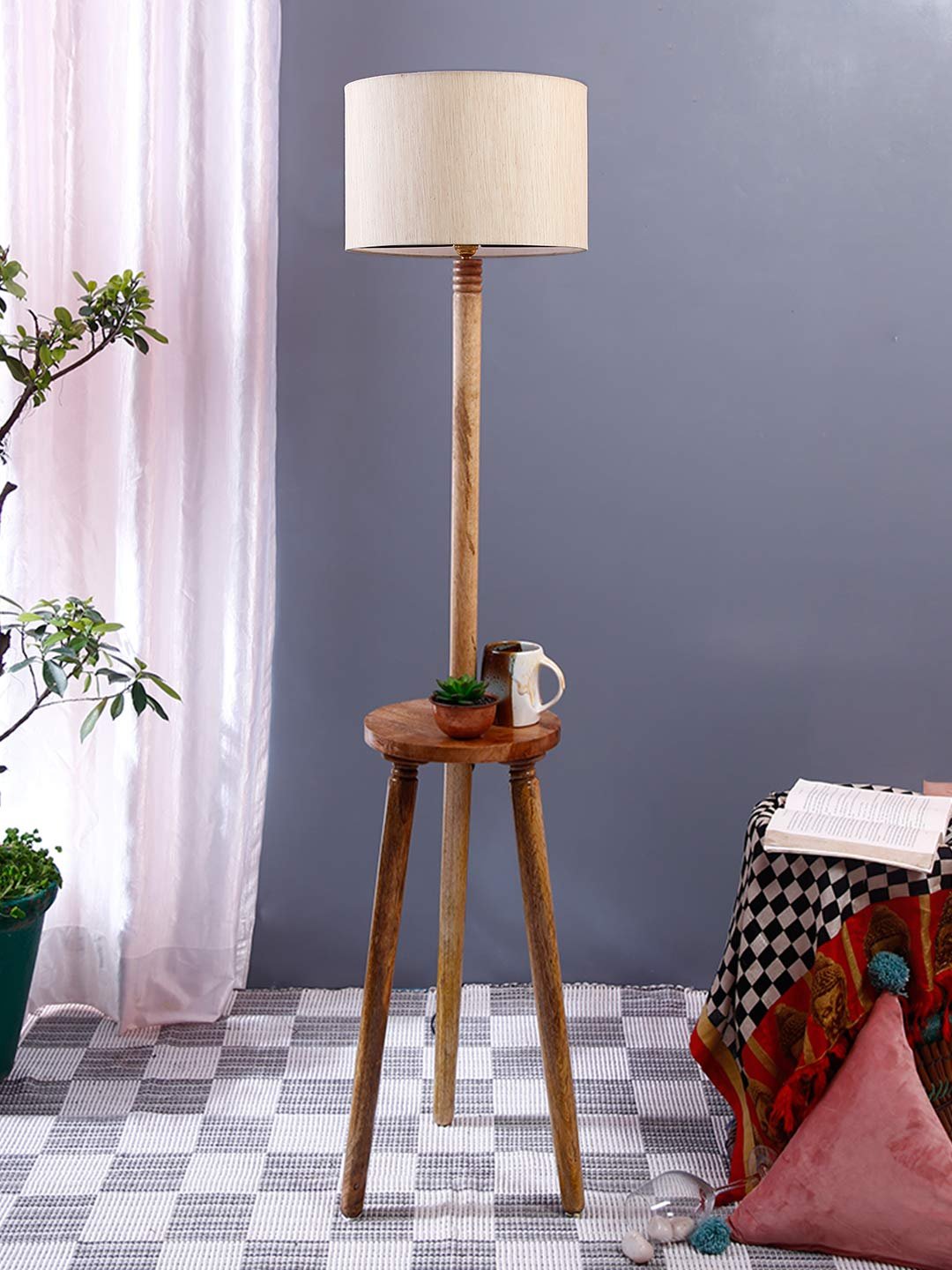 Off-White Cotton Drum Shade Wood Natural Table Floor lamp