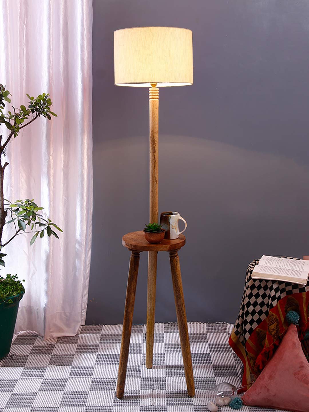Off-White Cotton Drum Shade Wood Natural Table Floor lamp