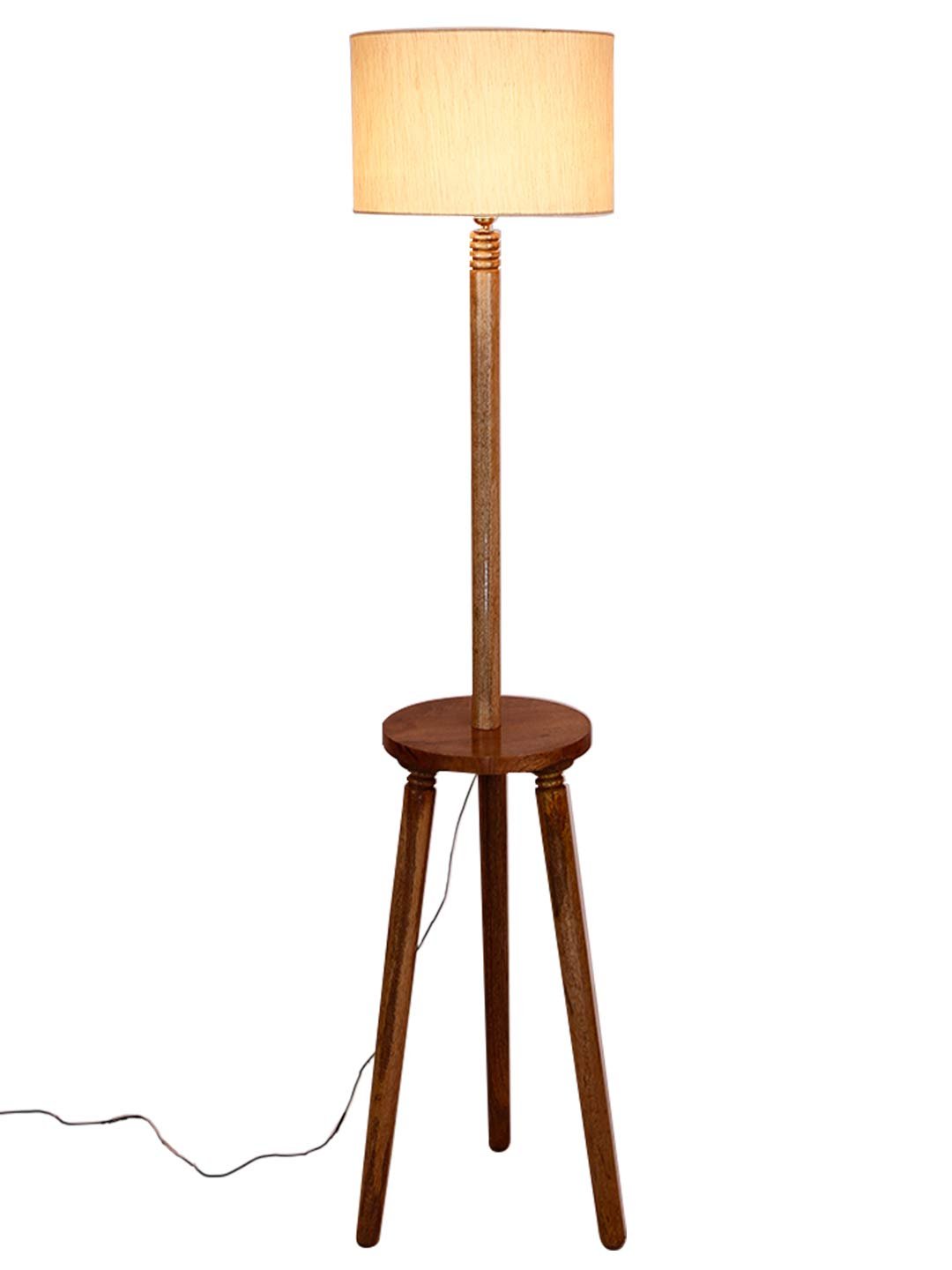 Off-White Cotton Drum Shade Wood Natural Table Floor lamp
