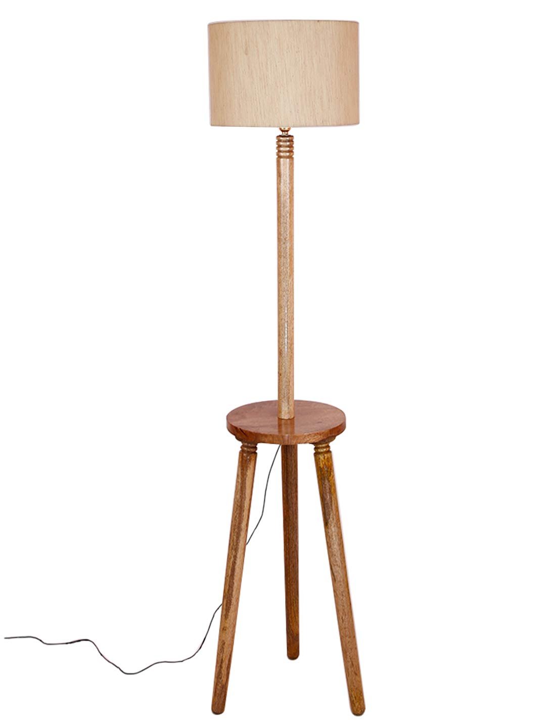 Off-White Cotton Drum Shade Wood Natural Table Floor lamp