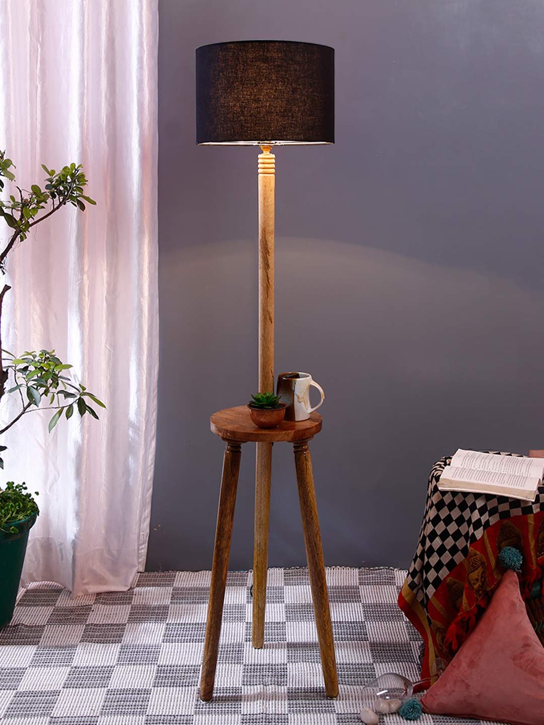 Black Cotton Drum Shade Wood Natural Table Floor lamp