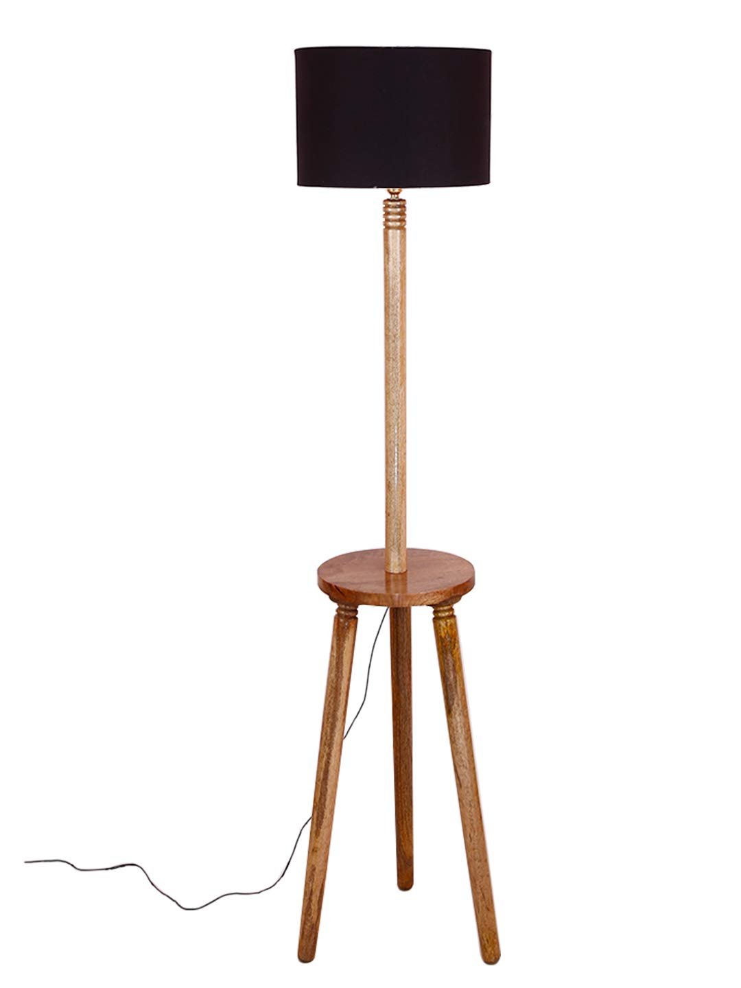 Black Cotton Drum Shade Wood Natural Table Floor lamp