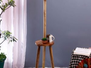Yellow Cotton Drum Shade Wood Natural Table Floor lamp