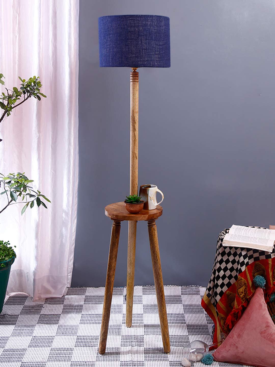 Blue Jute Drum Shade Wood Natural Table Floor lamp