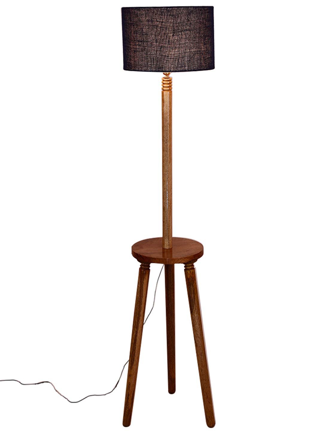 Blue Jute Drum Shade Wood Natural Table Floor lamp