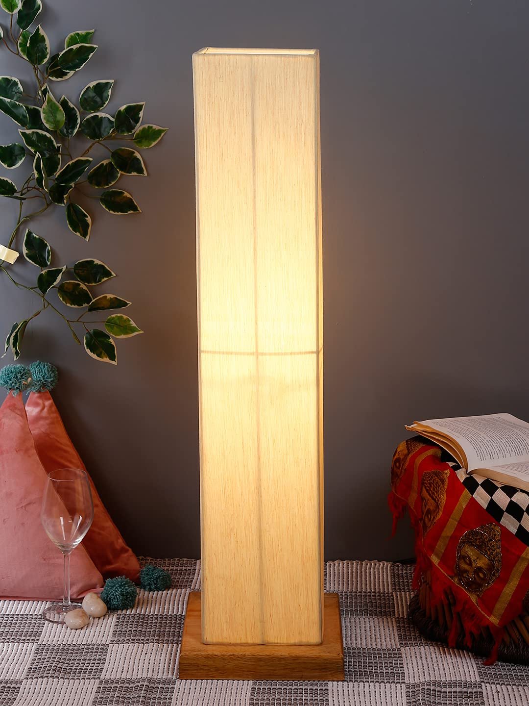 Off-White Square Cotton Shade Floor lamp with Wood Base .(Off-White,Cotton)