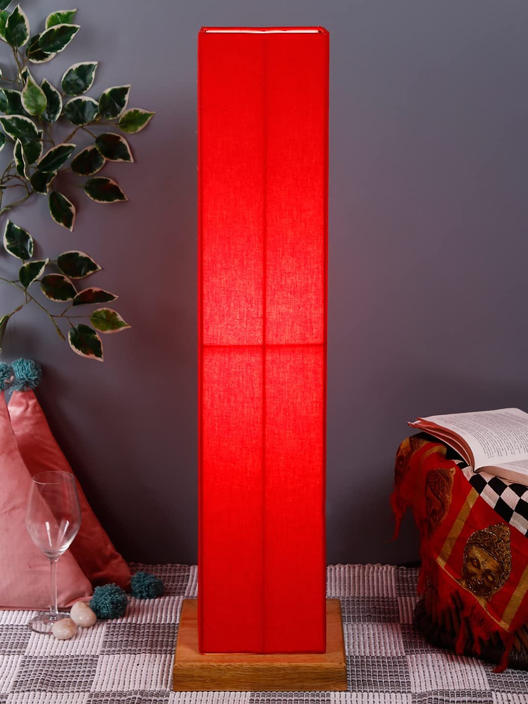 Red Square Cotton Shade Floor lamp with Wood Base .(Red,Cotton)