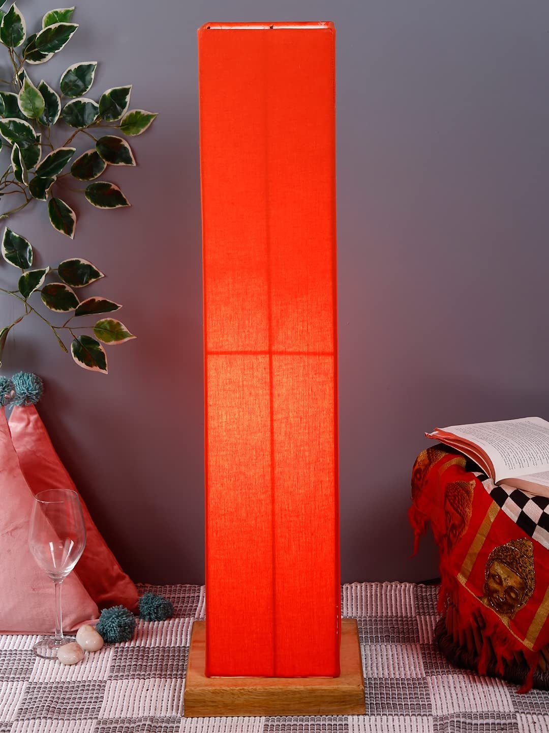 Orange Square Cotton Shade Floor lamp with Wood Base .(Orange,Cotton)