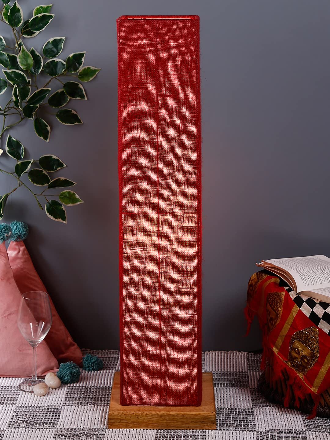 Maroon Jute Square Shade Floor lamp with Wood Base .(Maroon,Jute)