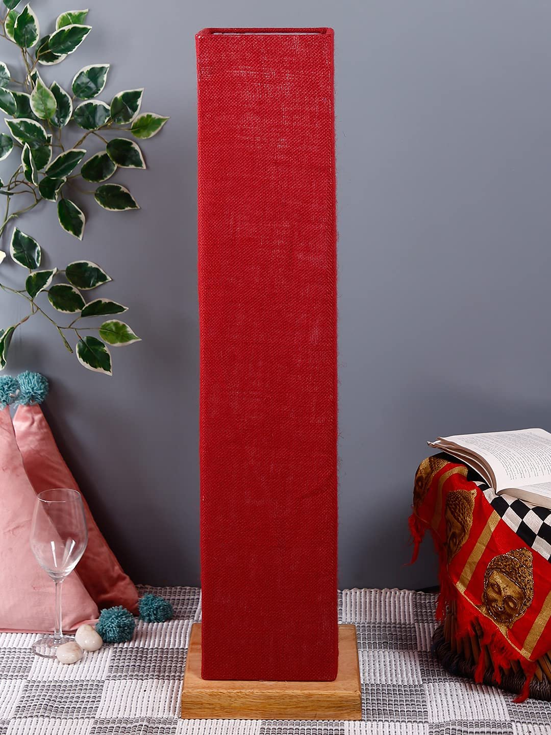 Maroon Jute Square Shade Floor lamp with Wood Base .(Maroon,Jute)