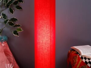 Red Round Cotton Shade Floor lamp with Wood Base .(Red,Cotton)