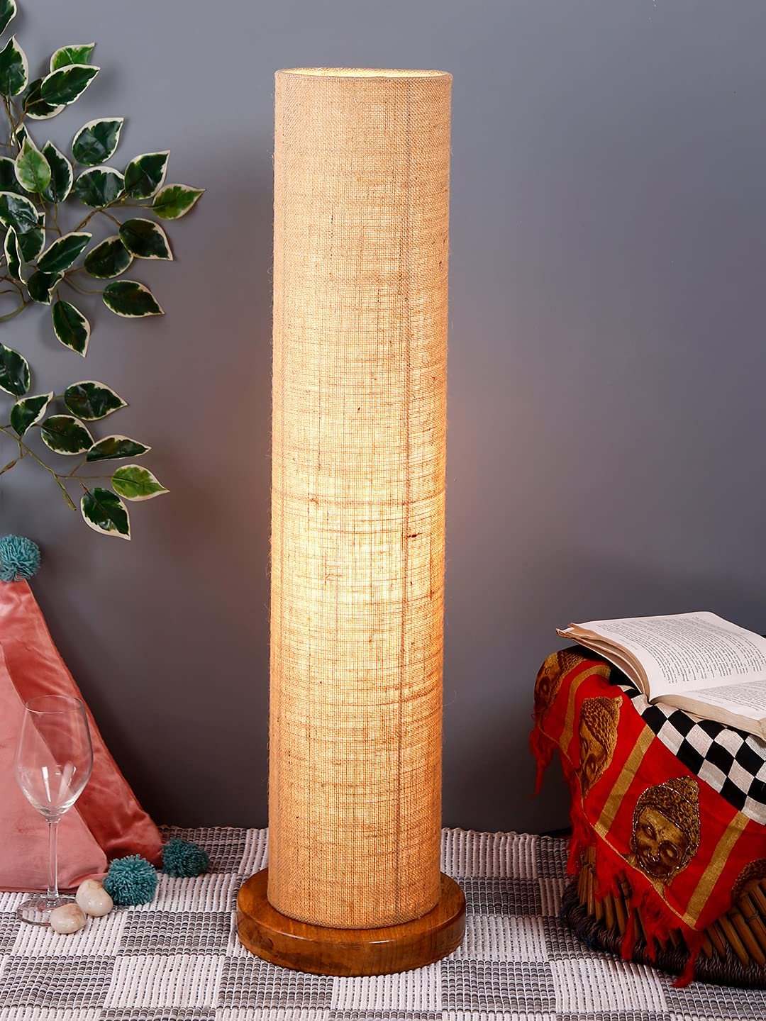 Beige Jute Round Shade Floor lamp with Wood Base .(Beige,Jute)