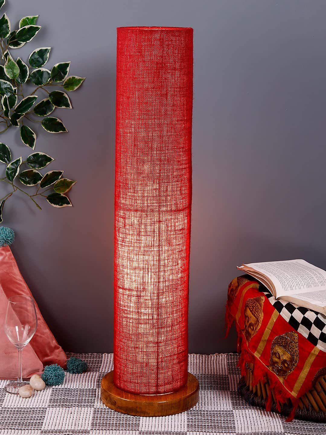 Maroon Jute Round Shade Floor lamp with Wood Base .(Maroon,Jute)