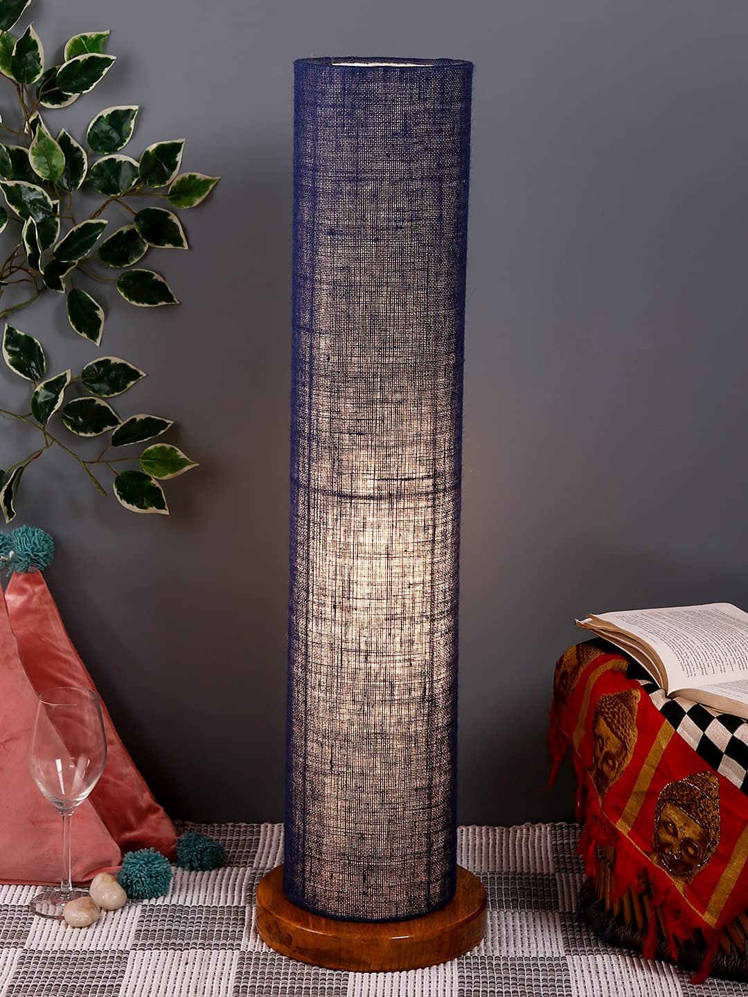 Blue Jute Round Shade Floor lamp with Wood Base .(Blue,Jute)