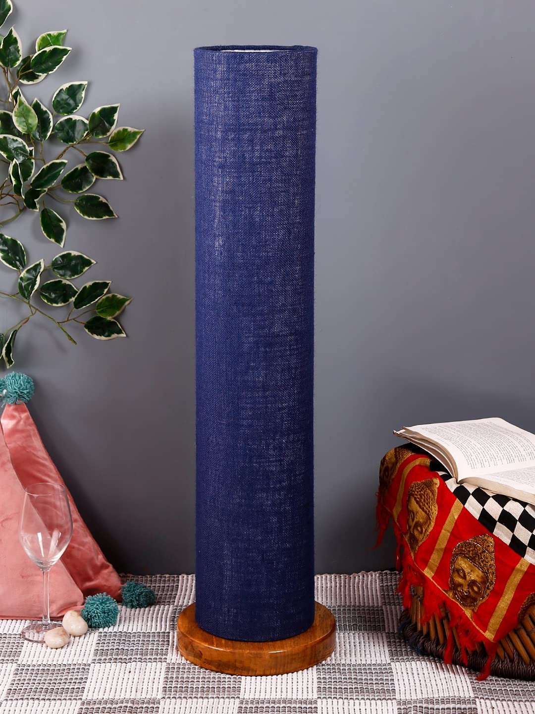 Blue Jute Round Shade Floor lamp with Wood Base .(Blue,Jute)