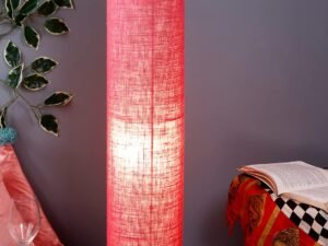 Pink Jute Round Shade Floor lamp with Black Iron Base