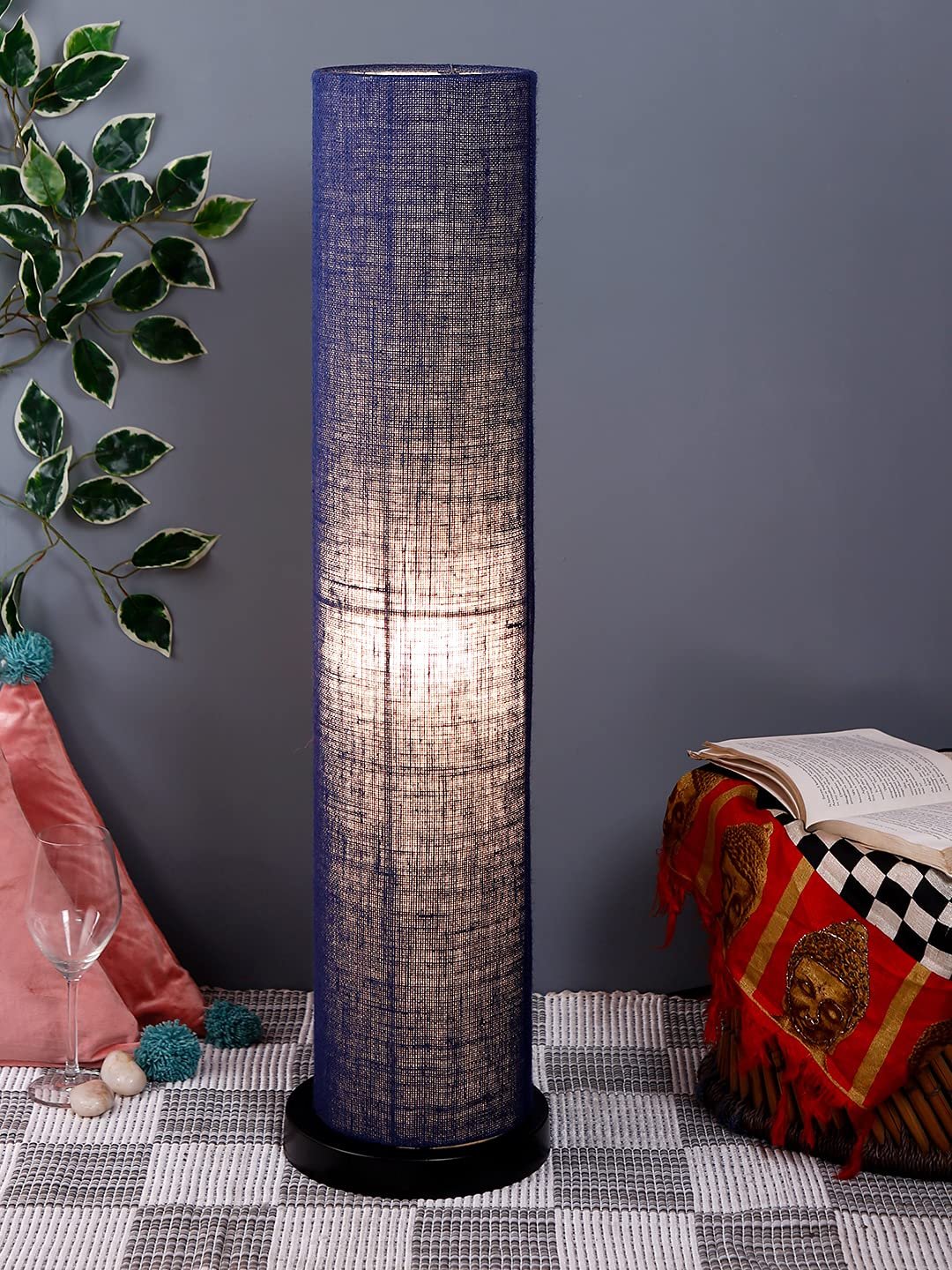 Blue Jute Round Shade Floor lamp with Black Iron Base