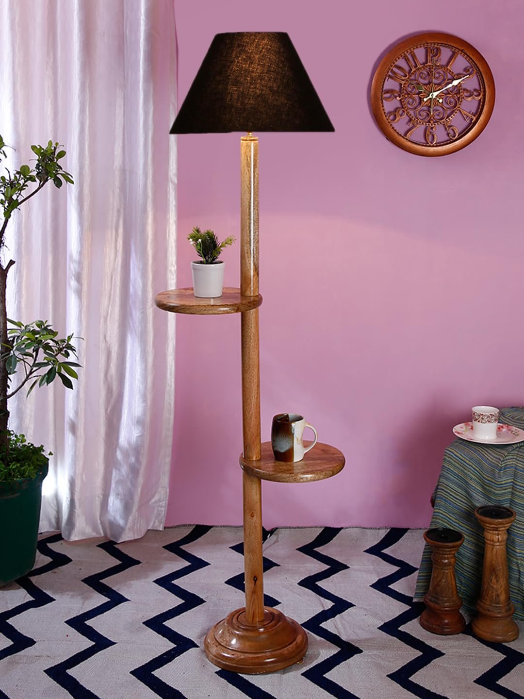 Black Cotton Conical Wooden Floor Shelf Lamp -21 (14x55.75inches) -