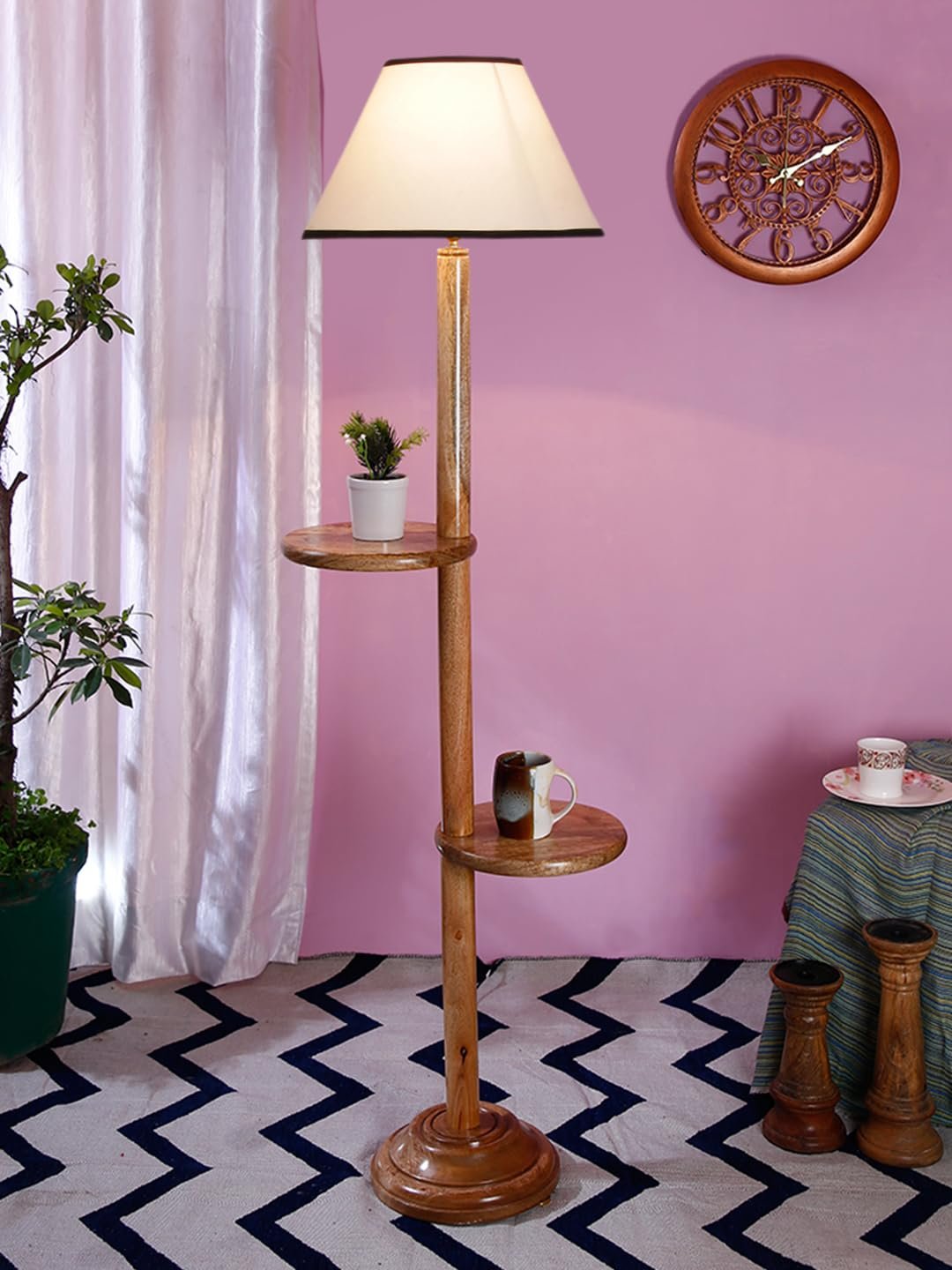 White & Black Cotton Conical Wooden Floor Shelf Lamp -26-(14x55.75inches) -