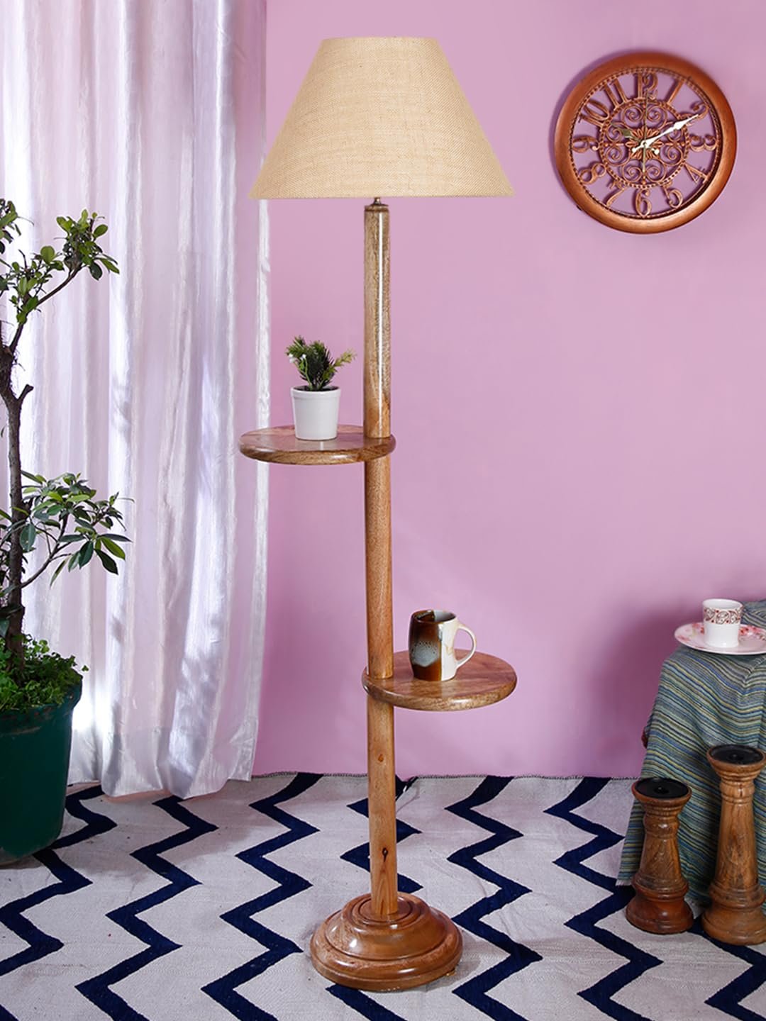Beige Jute Conical Wooden Floor Shelf Lamp -27-(14x55.75inches) -