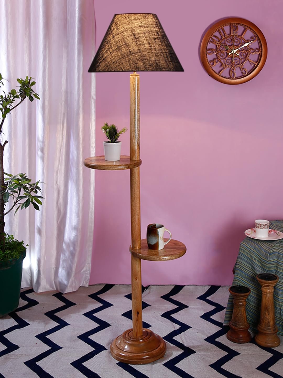 Blue Jute Wooden Floor Shelf Lamp -31-(14x55.75inches) -