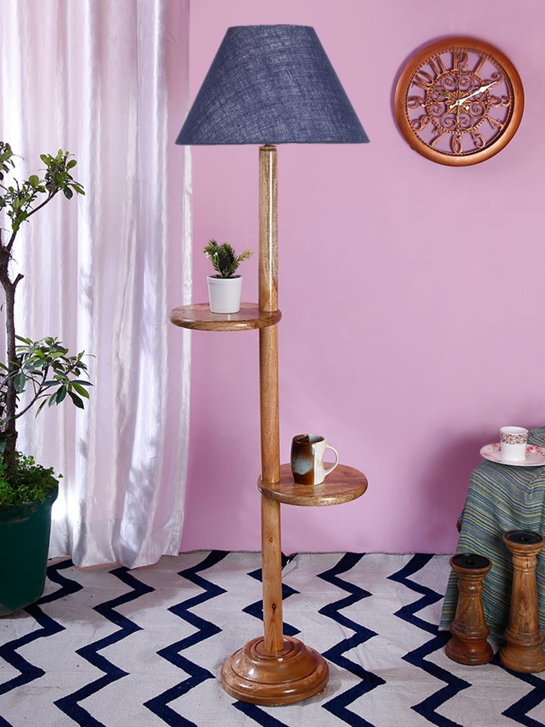 Blue Jute Wooden Floor Shelf Lamp -31-(14x55.75inches) -