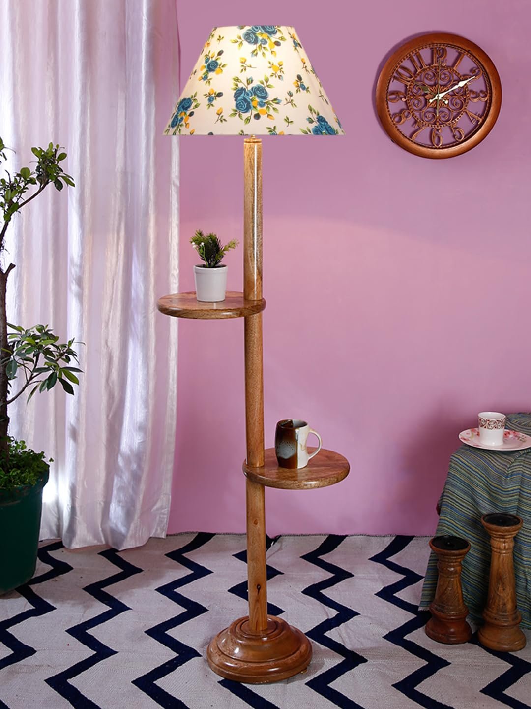 Printed Cotton Conical Wooden Floor Shelf Lamp -32-(14x55.75inches) -