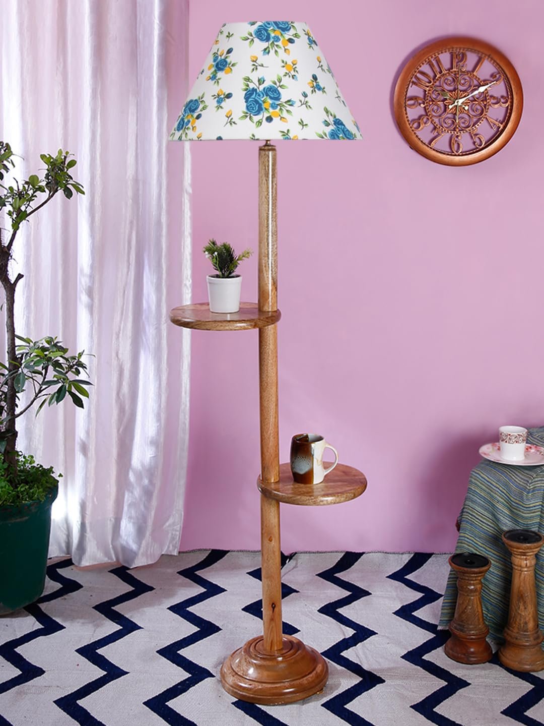 Printed Cotton Conical Wooden Floor Shelf Lamp -32-(14x55.75inches) -