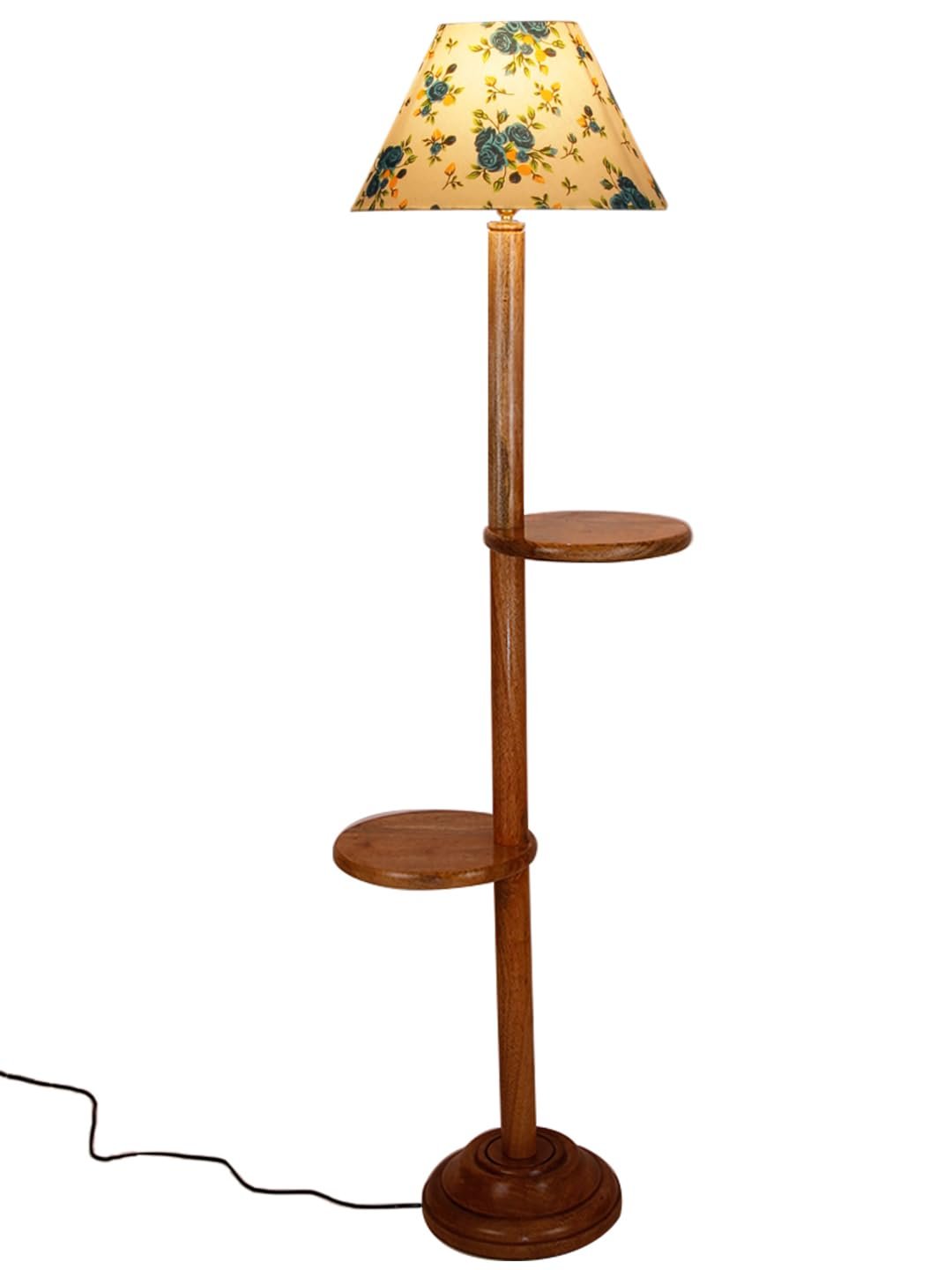 Printed Cotton Conical Wooden Floor Shelf Lamp -32-(14x55.75inches) -