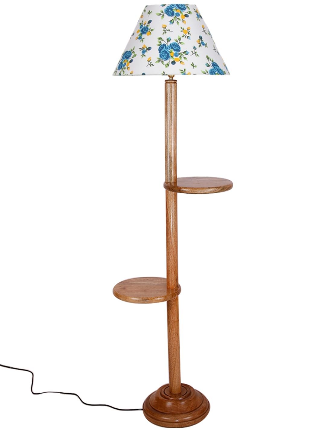 Printed Cotton Conical Wooden Floor Shelf Lamp -32-(14x55.75inches) -
