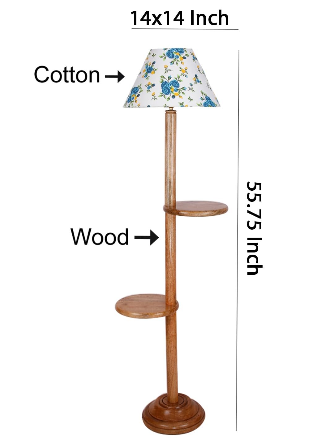 Printed Cotton Conical Wooden Floor Shelf Lamp -32-(14x55.75inches) -