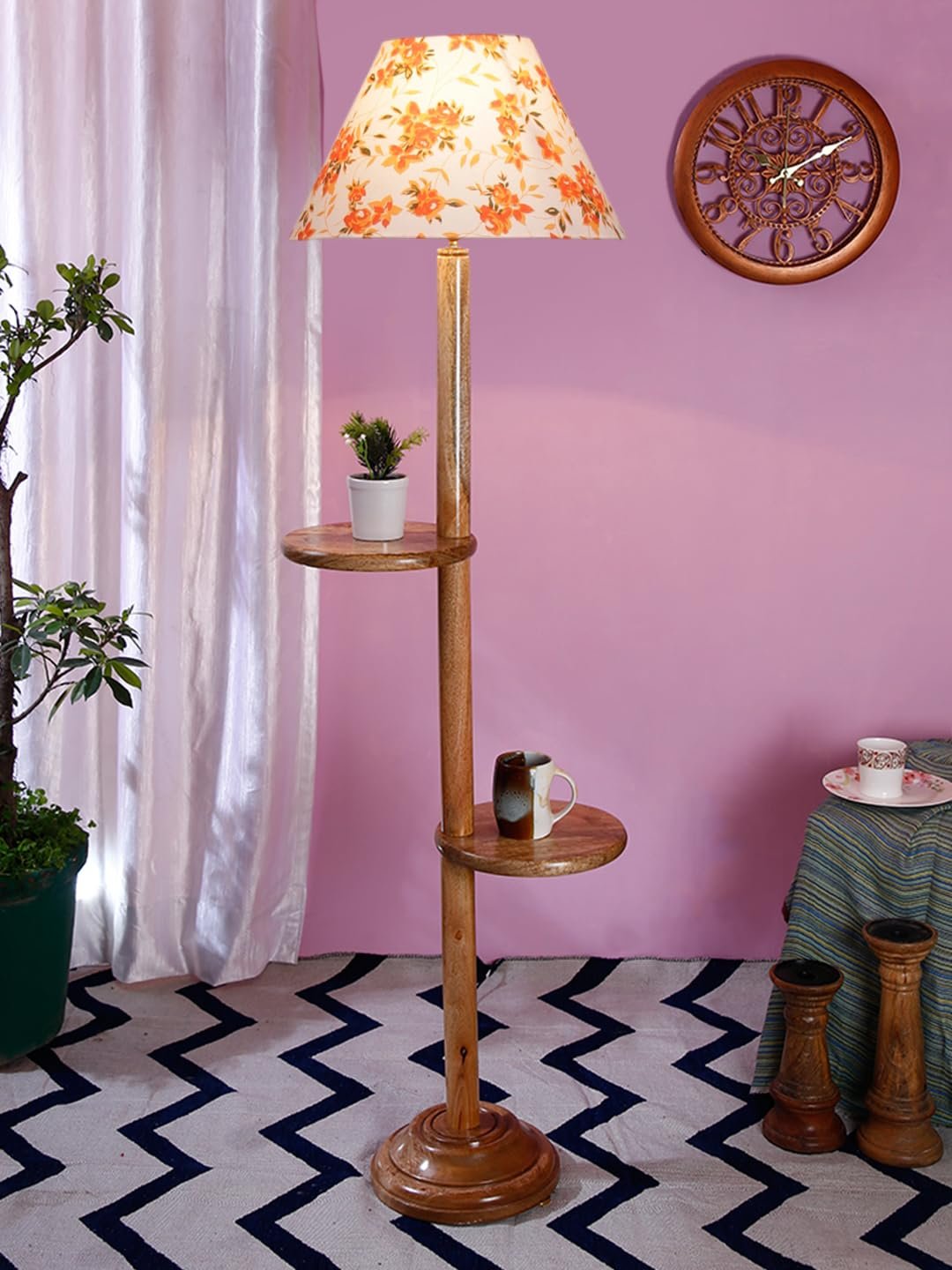 Printed Cotton Conical Wooden Floor Shelf Lamp -33-(14x55.75inches) -