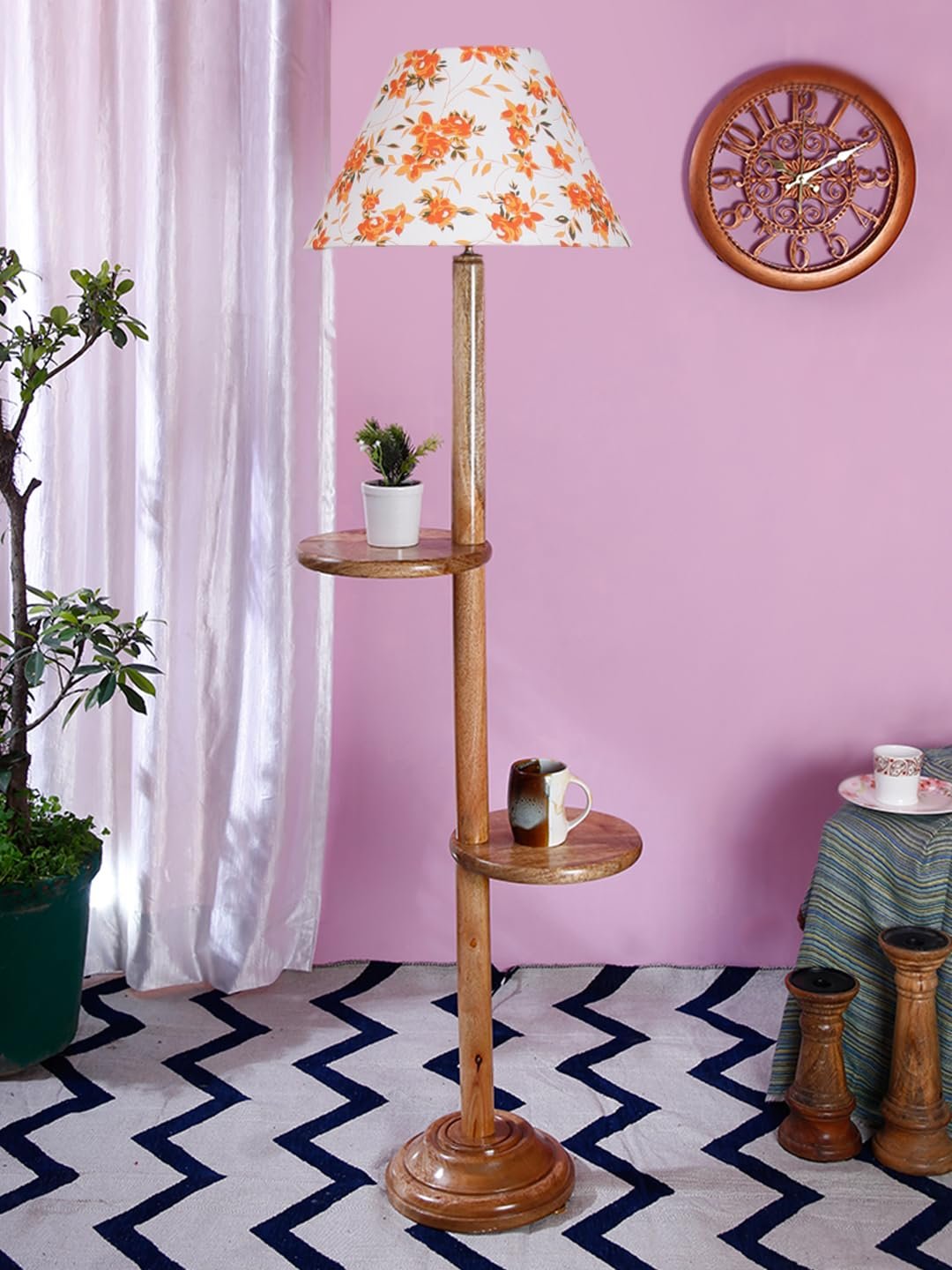 Printed Cotton Conical Wooden Floor Shelf Lamp -33-(14x55.75inches) -