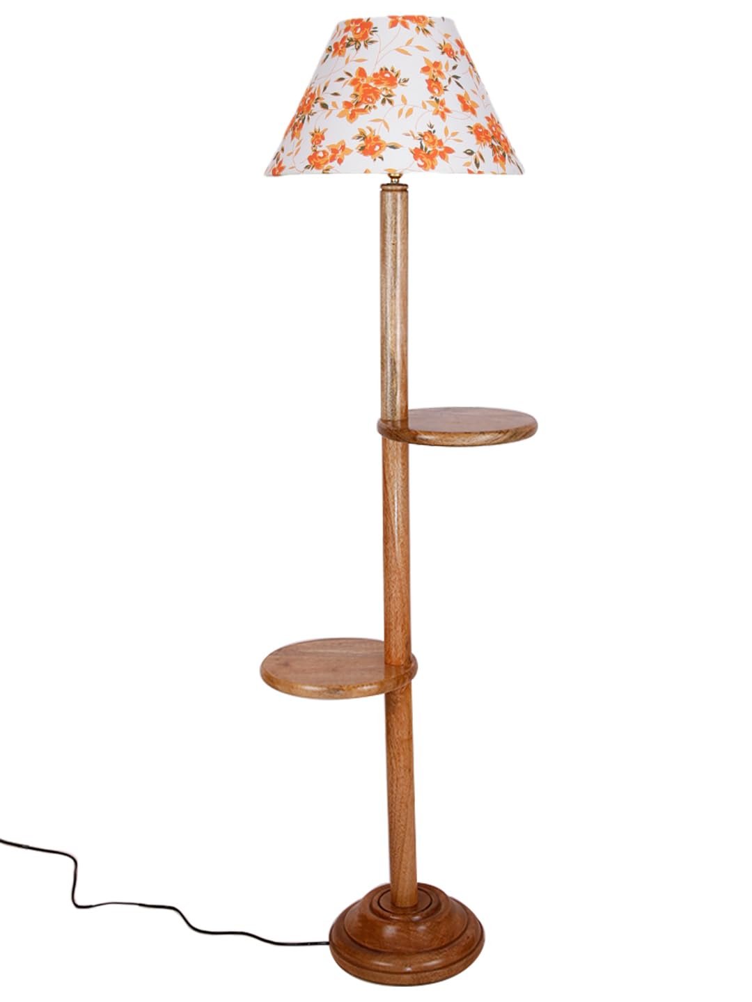 Printed Cotton Conical Wooden Floor Shelf Lamp -33-(14x55.75inches) -