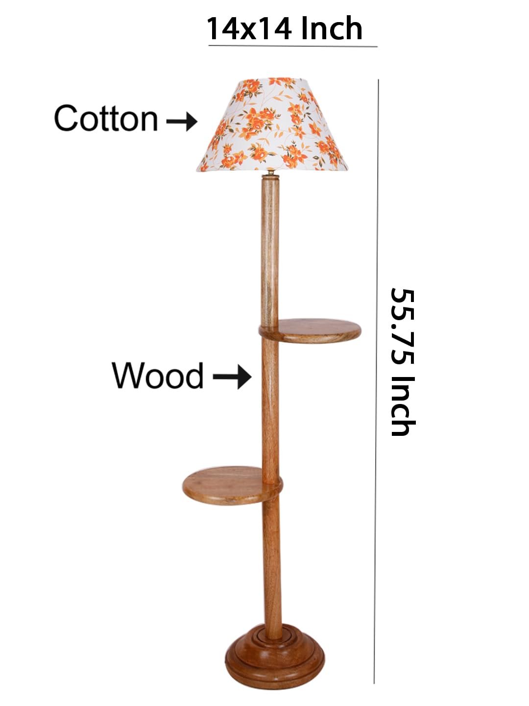 Printed Cotton Conical Wooden Floor Shelf Lamp -33-(14x55.75inches) -