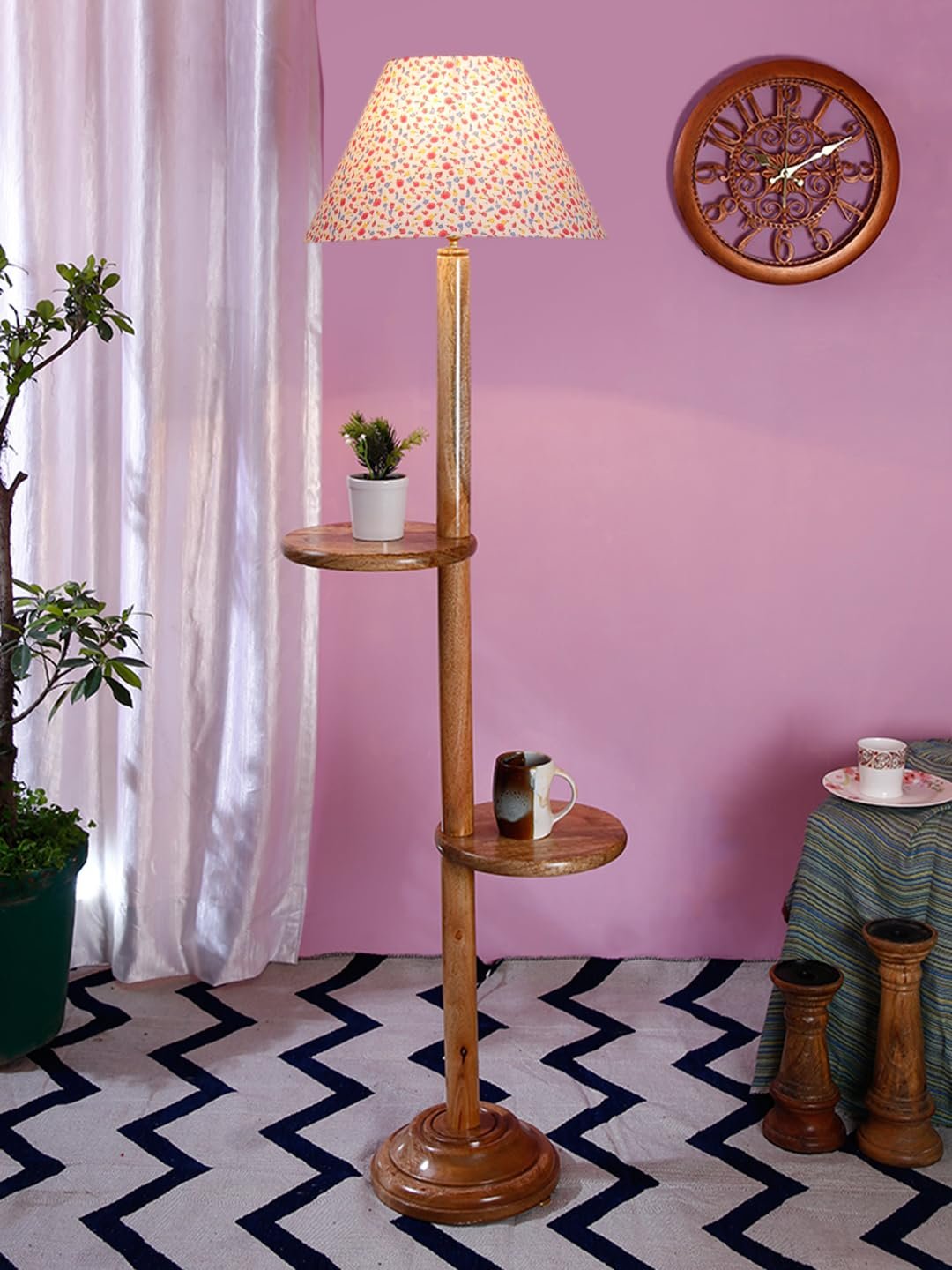 Printed Cotton Conical Wooden Floor Shelf Lamp -34(14x55.75inches) -
